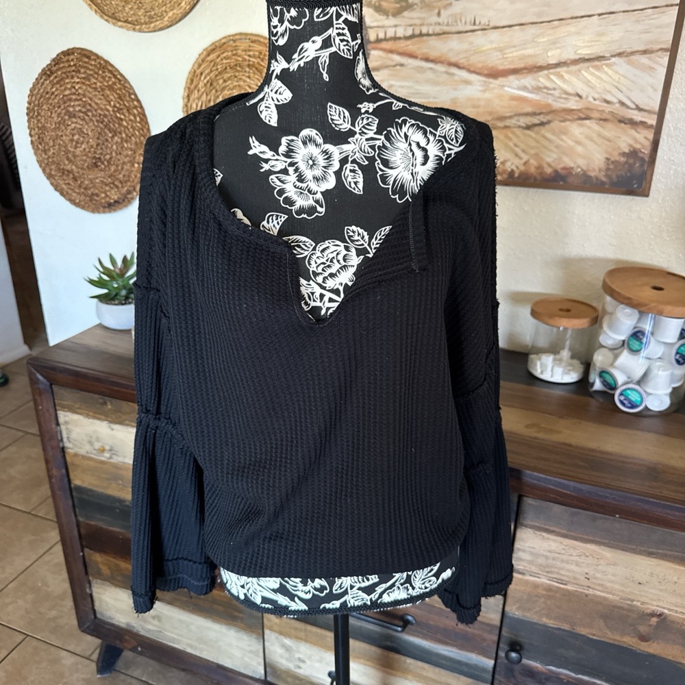 Free People Black Waffle Knit V-Notch Long Sleeve Tunic